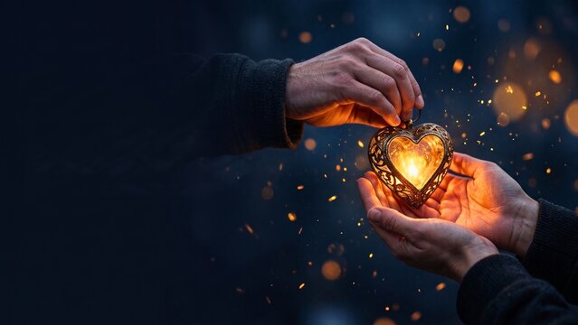 Hands sharing glowing golden heart with sparkling lights for charity donation, compassion and emotional support concepts. Copy space