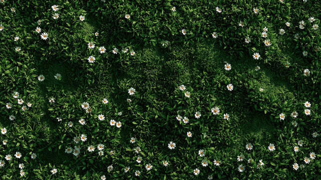 Green grass field with white daisies