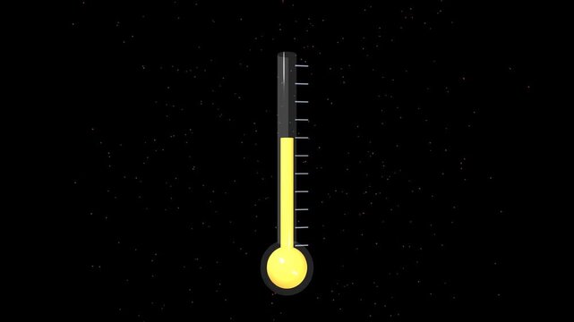 Glowing thermometer rising with warm orange fluid against dark background filled with tiny floating particles