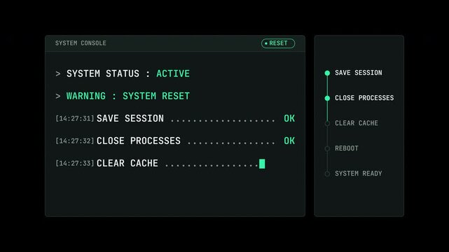 Minimalist system reboot terminal overlay with progress bar and status checklist, command line logs in dark interface with neon green accent. 4K