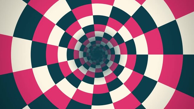 Checkerboard tunnel flying forward in red and dark teal, seamless loop animated background