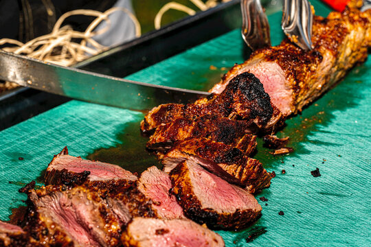 Premium beef Chateaubriand steak served at a fine dining restaurant. 