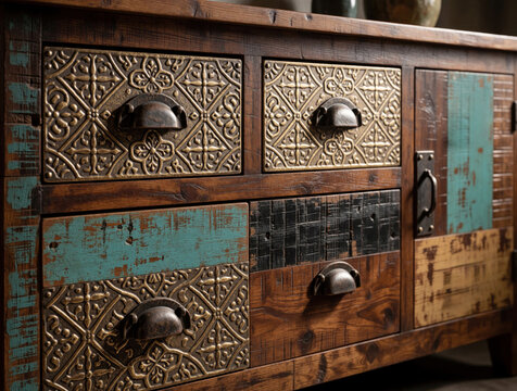 Rustic wooden sideboard with textured drawers, antique metal handles. Vintage furniture features distressed teal paint, reclaimed timber finish. Decorative storage unit offers warm farmhouse style