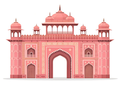 Jaipur-inspired royal palace gateway with pink sandstone facade, repeating arches, decorative rooftop pavilions, premium vector design