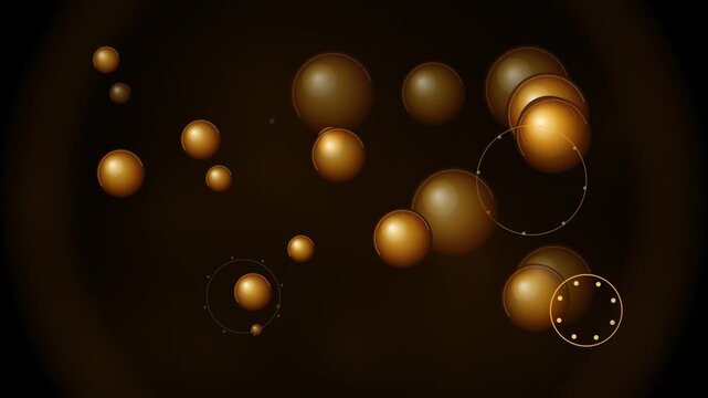 3D golden spheres and glowing dotted rings floating on dark background