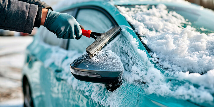Person removing snow and ice from a car side mirror with scraper during cold winter weather