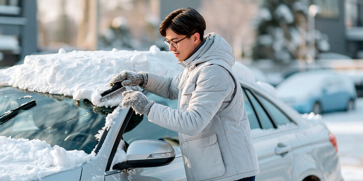 Man clearing heavy snow from car windshield with brush on a cold winter day after snowfall