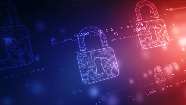 Closed Padlock on digital Circuit background, Technology security concept. Modern safety digital background. Lock Protection system, Cyber Security and information or network protection