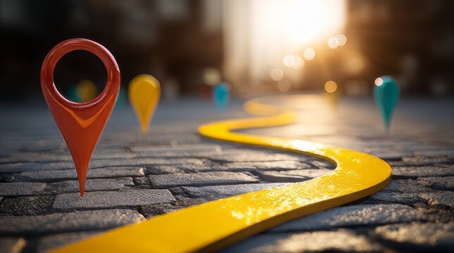 Use milestones road map waypoints marker sign pins that represent a journey, roadmap, or navigation milestones
Winding yellow path on a cobblestone surface marked with colorful location pins.