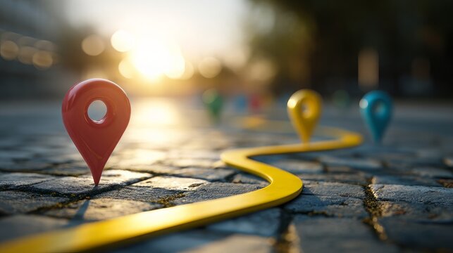Use milestones road map waypoints marker sign pins that represent a journey, roadmap, or navigation milestones
Winding yellow path on a cobblestone surface marked with colorful location pins.