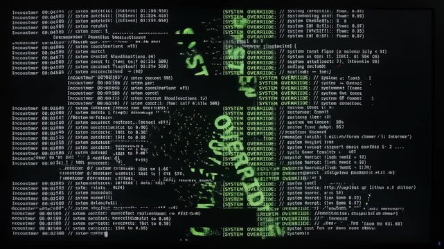 Cyber Security Hacker Terminal Screen with System Override Alert Message and Scrolling Digital Code Lines for Tech and Hacking Concepts