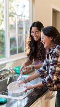 Two Teenage Girls Laughing While Washing Dishes Together at Kitchen Sink