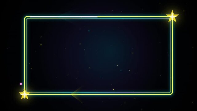 Neon glowing star frame border with animated light trails and particles on dark background, stars
