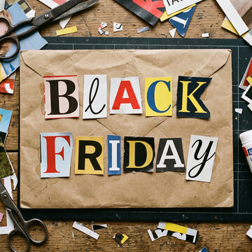 Ransom-note style BLACK FRIDAY made of cut-out magazine letters on a kraft envelope, collage art