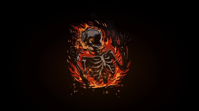 Flaming Skeleton Screaming Skull with Fiery Red and Orange Flames on Black Background &ndash; Heavy Metal Vector Illustration