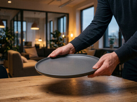 Close-up of adult hands holding empty serving platter over wooden dining table in modern home for meal preparation and hospitality.