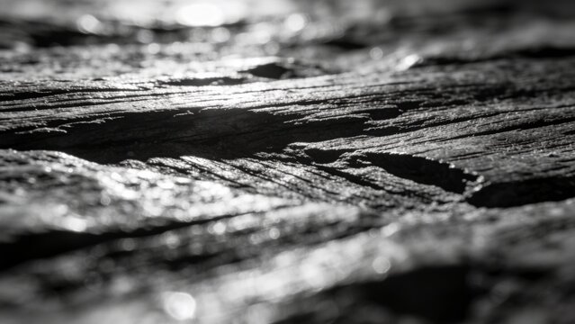 Moody black and white texture of cracked and weathered dark wood surface