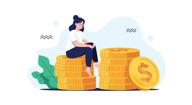 Financial stress illustration of a young woman sitting dejectedly on a stack of coins reflecting on money or savings.
