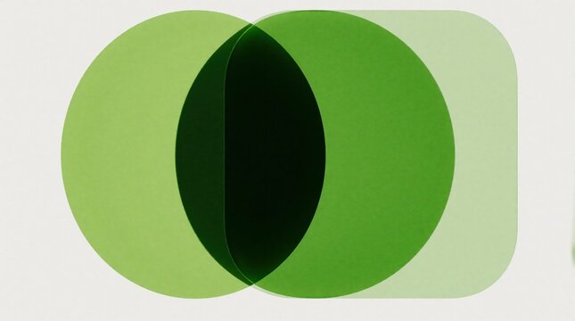 Abstract green geometric composition with overlapping transparent shapes. Large circles, rounded rectangle create dark intersection area. Minimalist organic design features shades of lime, forest