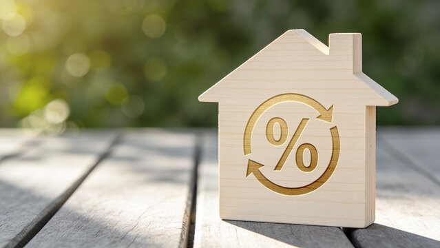 Minimalist house model with percentage symbol indicating growth or profit opportunity