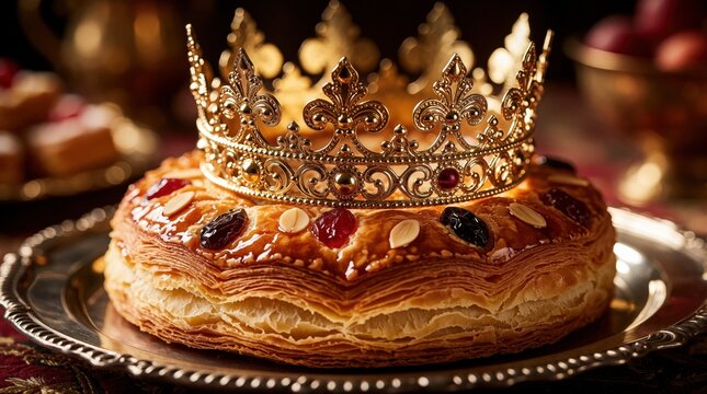 Golden pastry cake with ornate crown on silver platter. Delicious king cake with dried fruits, nuts. Luxury dessert for Epiphany Christmas celebration. Traditional festive food served at elegant