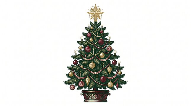 Detailed vintage engraving style vector illustration featuring intricately decorated Christmas tree with glowing ornaments and star topper