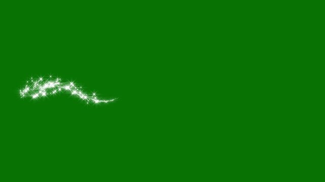 Magical glitter trail animation with glowing white star particles, fairy dust shimmer, twinkling doodle stars and sparkling light streaks on green screen background, seamless 4K loop