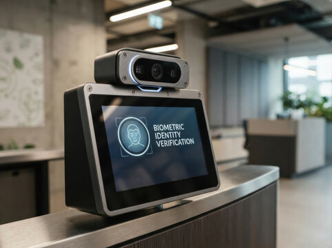 passwordless identity verification Biometric identity verification device with camera on office reception counter.