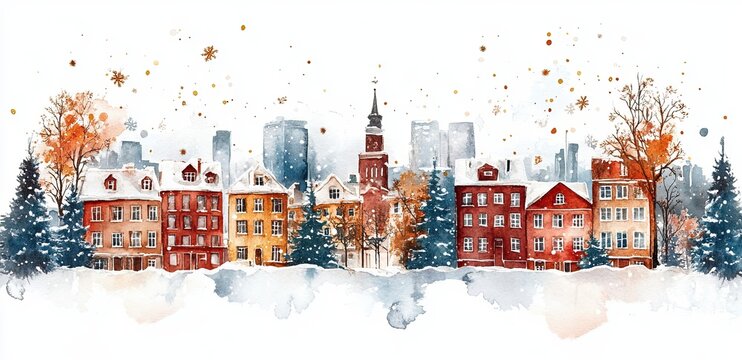 Snowy Christmas village in watercolor style with festive tree and architecture. Warm cozy winter illustration for greeting cards, banners and holiday design.