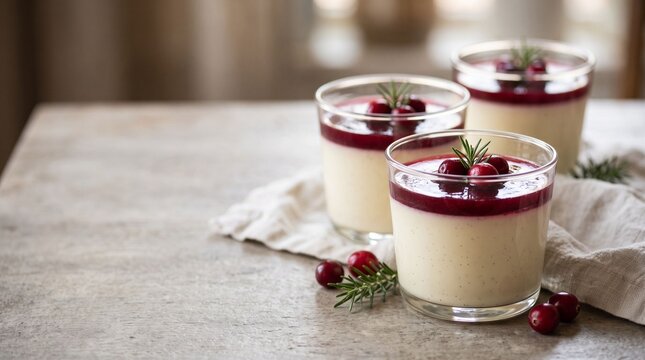 Cranberry panna cotta dessert glasses on stone table
