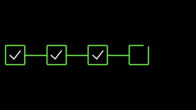 Green check mark circles connect together across a white screen. Successful milestone verification is by these vector link icons. The check mark ci
