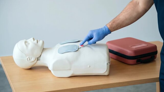 Hand placing AED pad on CPR training manikin, first aid course