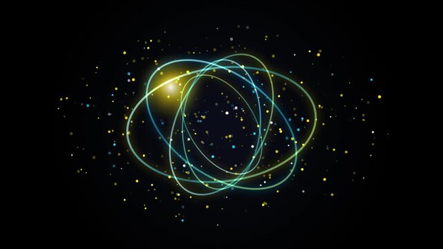 Abstract atom model with rotating orbital rings and glowing particles, science and technology background, 4 k motion
