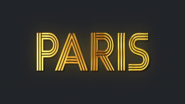 Golden Paris Text Typography Loop with Alpha Channel, Elegant 3D Gold Letters Word for Travel Destination France Title Overlay Motion Graphics