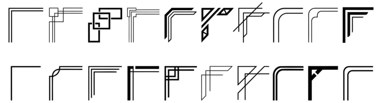 Decorative corner border vector set collection featuring various minimalist black geometric line art patterns isolated on transparent background