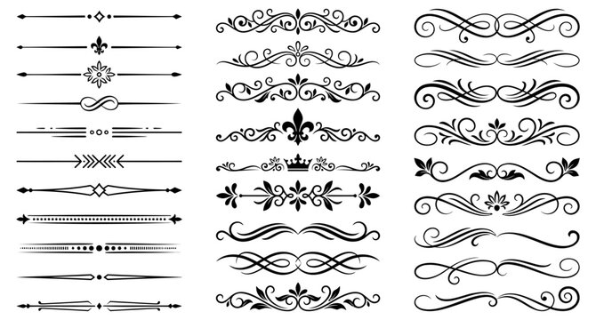 Elegant vintage floral dividers and ornamental swirls collection featuring classic retro typography borders for wedding invitations and certificate design on transparent background