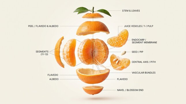 Anatomical exploded view diagram of a citrus orange fruit