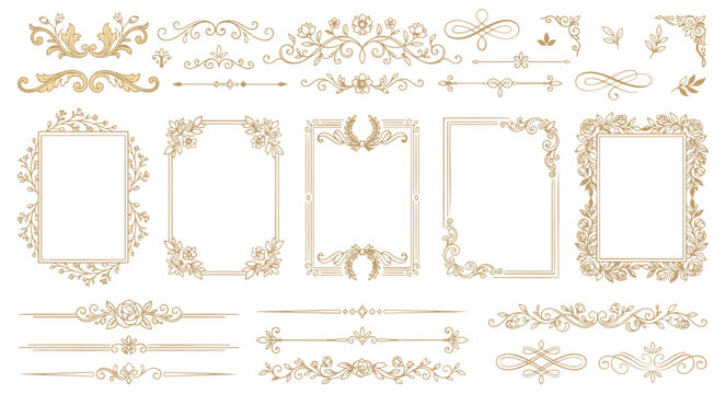 Golden floral borders, calligraphic dividers, elegant vintage frames, ornate flourish vectors, decorative corners, and retro botanical elements isolated on transparent background