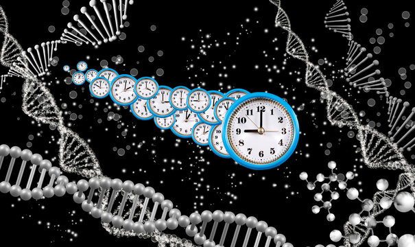 Clock faces extend through a digital scene with DNA strands and molecular structures