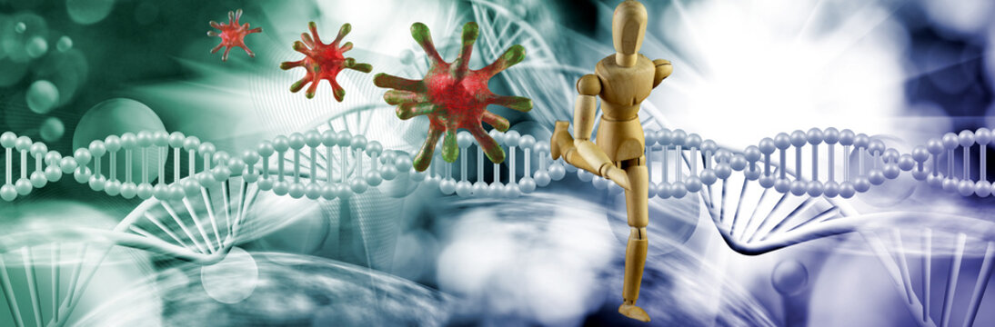 Medical science concept showing DNA, virus particles, and a running human model