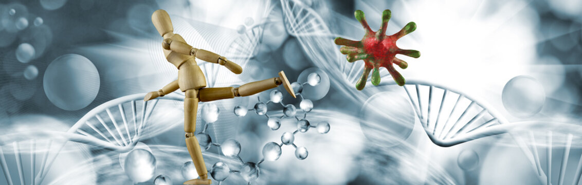 Wooden figure reaches toward a virus model among DNA strands and molecular structures