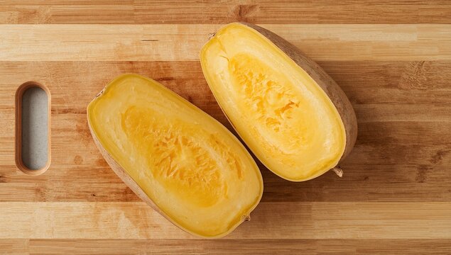 Fresh squash cut in half on a clean cutting board, ready for preparation