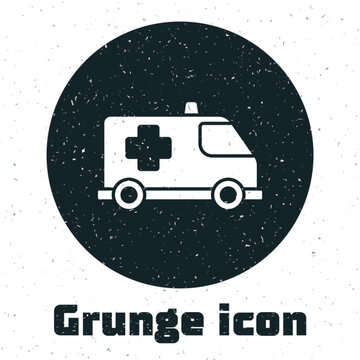 Grunge Ambulance and emergency car icon isolated on white background. Ambulance vehicle medical evacuation. Monochrome vintage drawing. Vector.