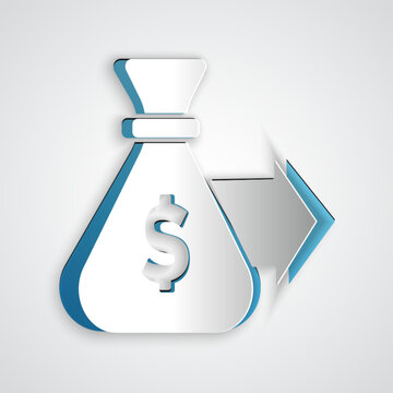 Paper cut Money bag icon isolated on grey background. Dollar or USD symbol. Cash Banking currency sign. Paper art style. Vector