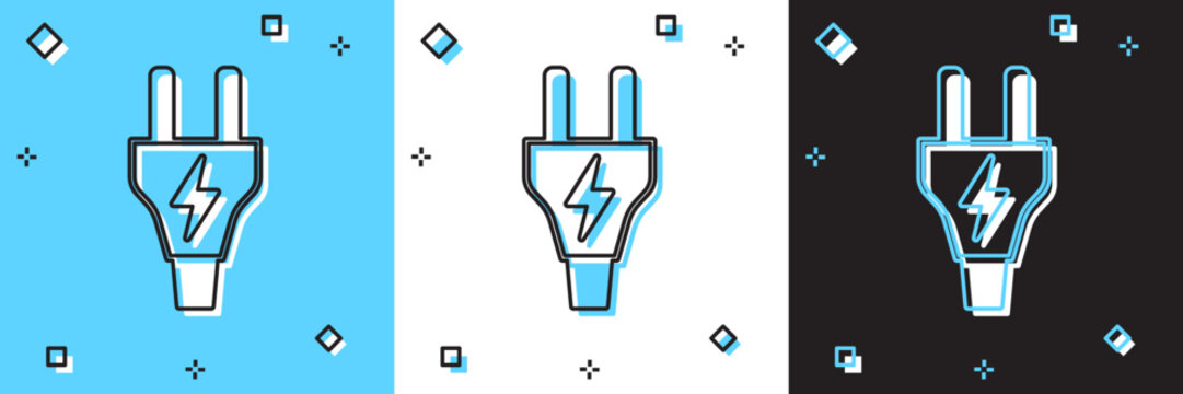 Set Electric plug icon isolated on blue and white, black background. Concept of connection and disconnection of the electricity. Vector