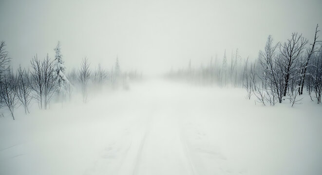 Bare winter trees stand in a dense snowstorm across a white frozen forest landscape