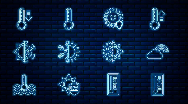 Set line Meteorology thermometer, Rainbow with cloud, UV protection, Sun and snowflake, and icon. Vector