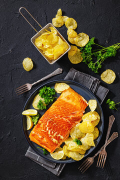 Scottish hot smoked salmon with potato chips