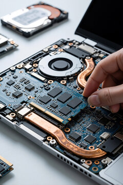 Technician hands install repair RAM module in laptop motherboard. Close up view of internal electronic components, circuit board, copper cooling pipes. Pro worker upgrades computer hardware memory in