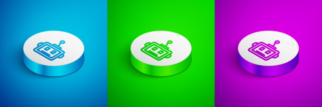 Isometric line Artificial intelligence robot icon isolated on blue, green and purple background. Machine learning, cloud computing. White circle button. Vector
